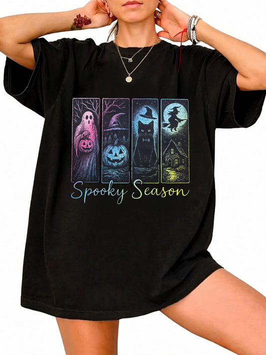 Tis The Season Halloween Shirts Women Oversized Spooky Season Ghost T-Shirt