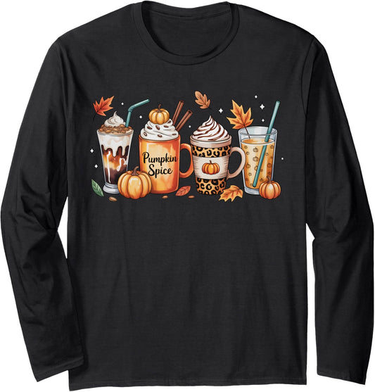 Women Coffee Pumpkin Spice Latte Iced Coffee Halloween Long Sleeve T-Shirt