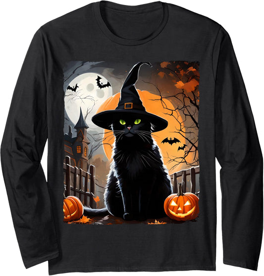 Halloween Black Cat Hat Spooky Cat and Pumpkin Graphic Long Sleeve T-Shirt