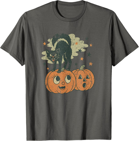 Hissing Black Cat Tee Retro Vintage Halloween Pumpkin Spooky T-Shirt