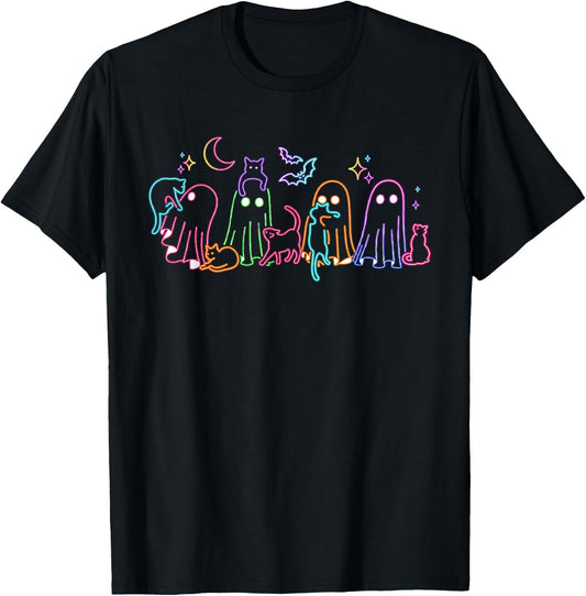 Neon Halloween Ghosts Cats Festive Neon Fall Cat Lover Gift T-Shirt