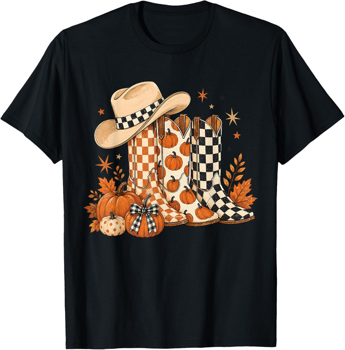 Cowgirl Boots Checkered Fall Western Autumn Pumpkin Women T-Shirt