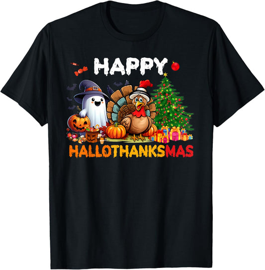 Happy Halloween Thanksgiving Christmas Holiday Pumpkin Tree T-Shirt