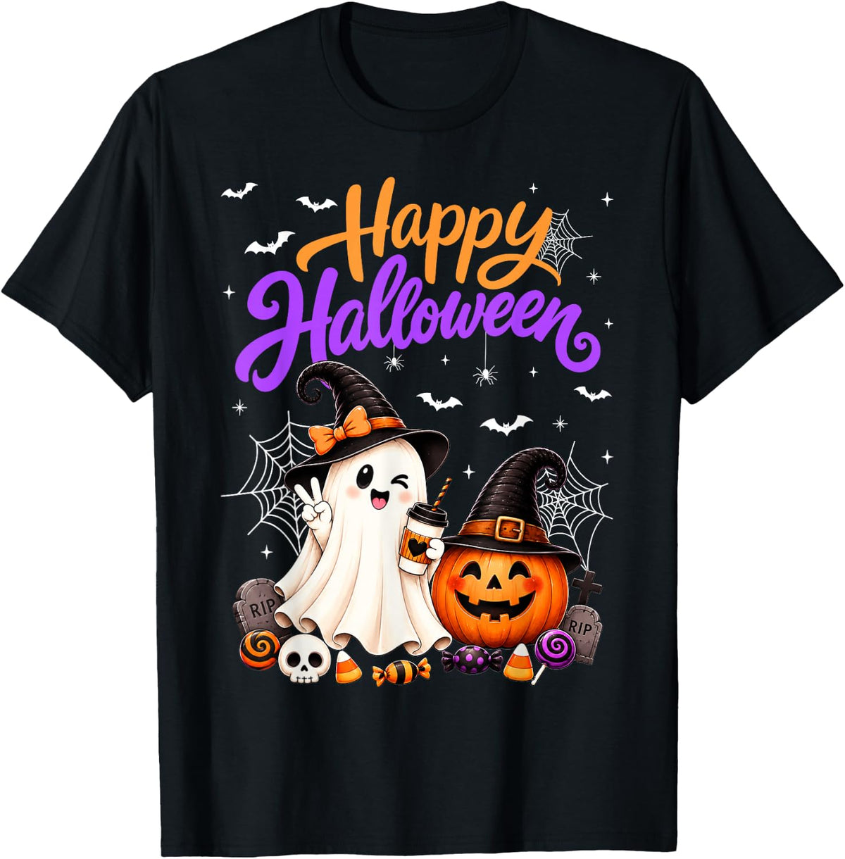 Happy Halloween Cute Ghost Pumpkin Spooky Men Women Kids T-Shirt