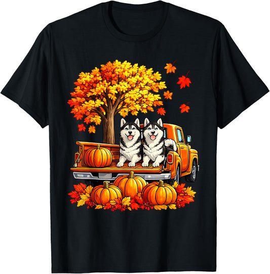 Siberian Husky Dog Truck Pumpkin Fall Autumn Thanksgiving T-Shirt