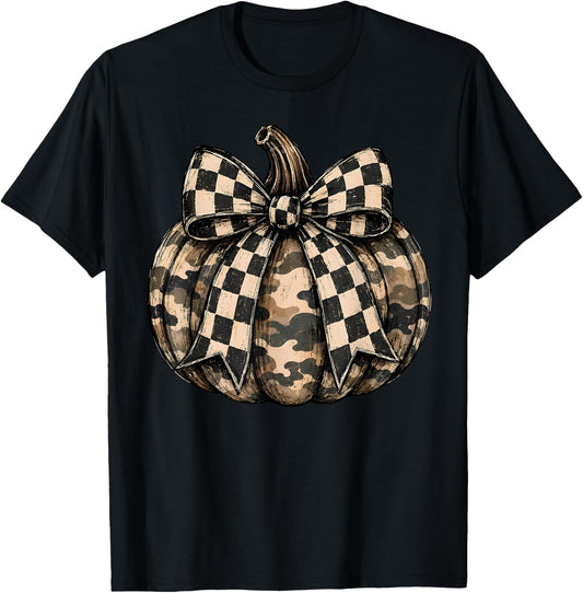 Camo Pumpkin with Checkered Bow Cute Fall Halloween Season T-Shirt