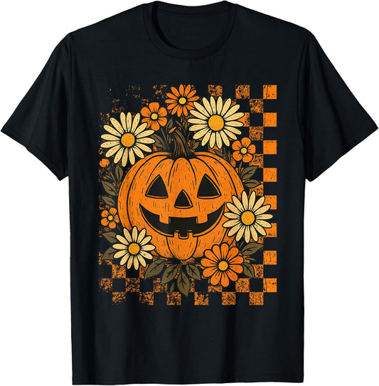 Vintage Floral Checkered Boho Pumpkin Cute Halloween Fall T-Shirt