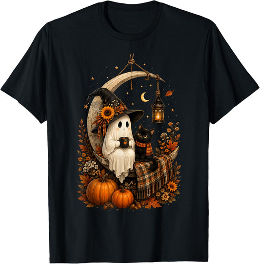 Vintage Halloween Ghost Holding Black Cat Groovy Floral T-Shirt