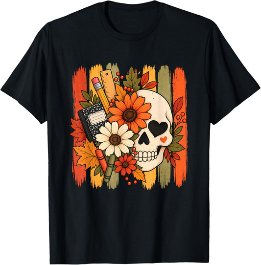 Teacher Halloween Floral Skull Stripes Men Women T-Shirt