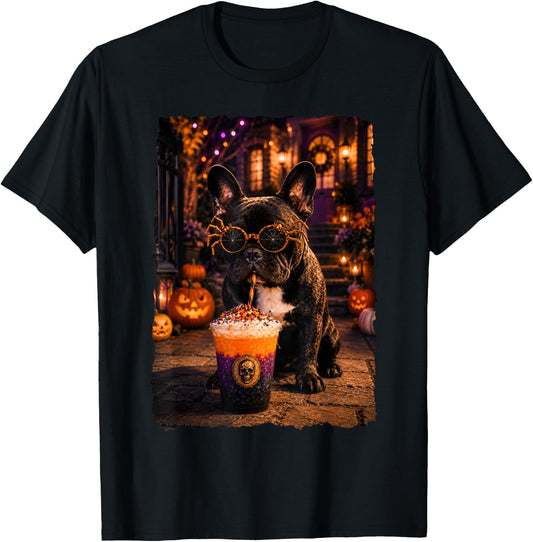 Funny French Bulldog Dog Drinking Iced Coffee Halloween Day T-Shirt