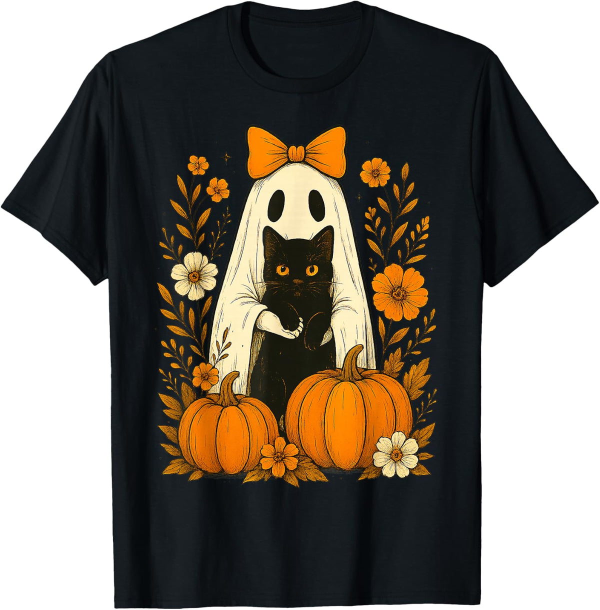 Cute Ghost Black Cat Halloween Pumpkin Groovy Floral Gifts T-Shirt