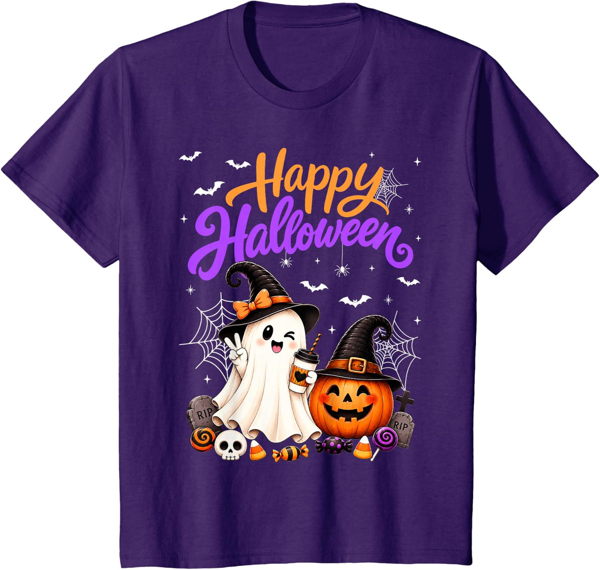 Happy Halloween Cute Ghost Pumpkin Spooky Men Women Kids T-Shirt