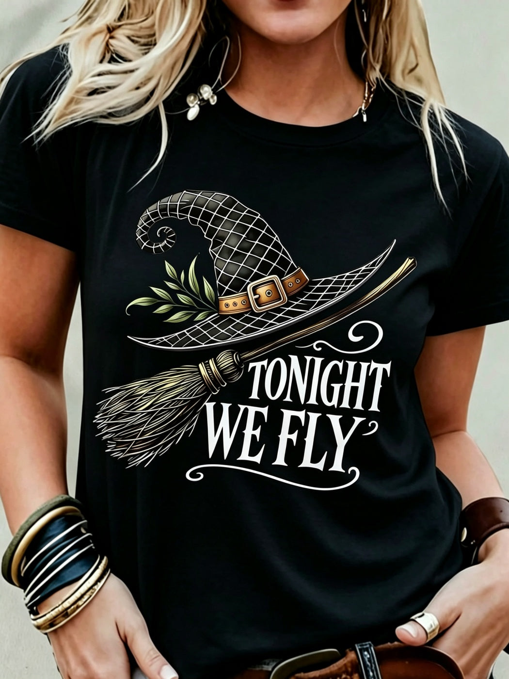 T-Shirt With Witch Hat And Broom Pattern, Printed Tonight We Fly Summer Multi-Color T-Shirts