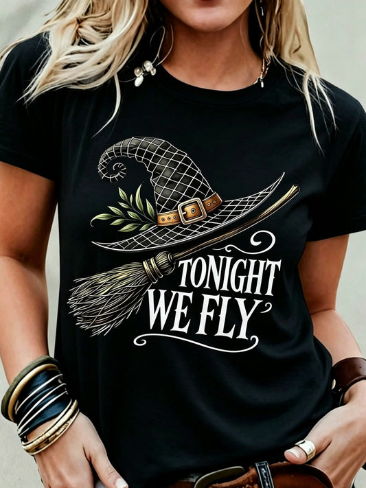 T-Shirt With Witch Hat And Broom Pattern, Printed Tonight We Fly Summer Multi-Color T-Shirts